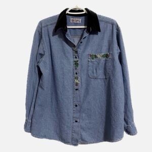 Vintage Bill Blass embroidered denim shirt with velvet collar.
